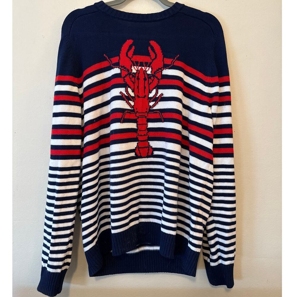Lands’ End Lobster Striped Cotton Sweater Navy Red White Size M 38-40